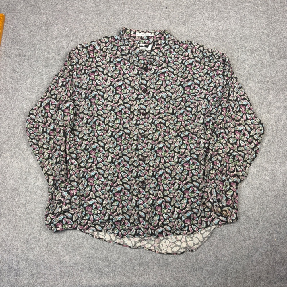 Wilke Rodriguez Mens XL Rayon Button Down Shirt Long Sleeve Feather Print Black